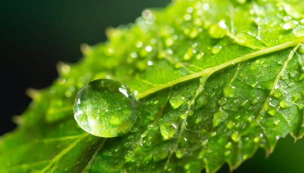 Close-up of green plant leaf one drop of rain, image for nature background