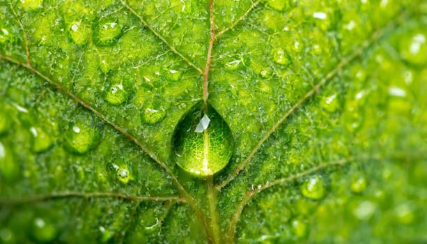 Close-up of green plant leaf one drop of rain, image for nature background