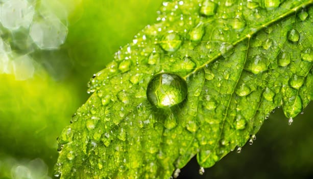Close-up of green plant leaf one drop of rain, image for nature background