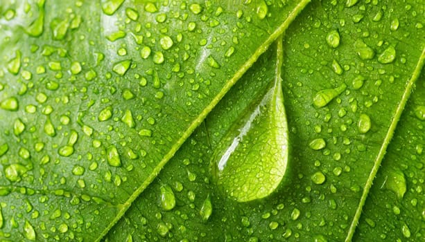 Close-up of green plant leaf one drop of rain, image for nature background