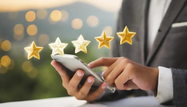 close up on customer man hand pressing on smartphone screen with gold five star rating feedback icon and press level three rank (good) for give score point to review the service business concept