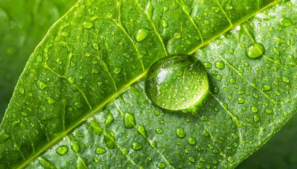 Close-up of green plant leaf one drop of rain, image for nature background