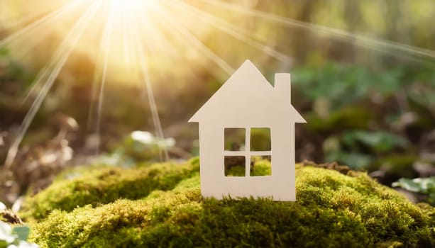 Eco house. Green and environmentally friendly housing concept. Miniature wooden house in spring grass, moss and ferns on a sunny day