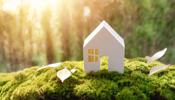 Eco house. Green and environmentally friendly housing concept. Miniature wooden house in spring grass, moss and ferns on a sunny day