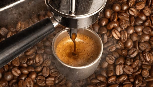 Espresso poruing from coffee machine at cafe