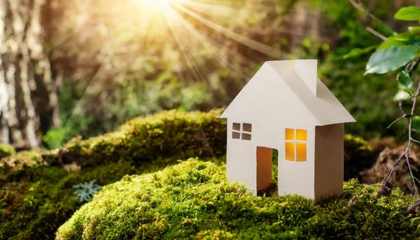 Eco house. Green and environmentally friendly housing concept. Miniature wooden house in spring grass, moss and ferns on a sunny day