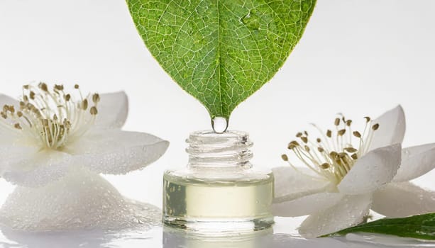Herbal essence. Alternative healthy medicine. Skin care. Essential oil or water dropping from fresh leaf to the bottle.
