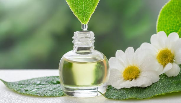 Herbal essence. Alternative healthy medicine. Skin care. Essential oil or water dropping from fresh leaf to the bottle.