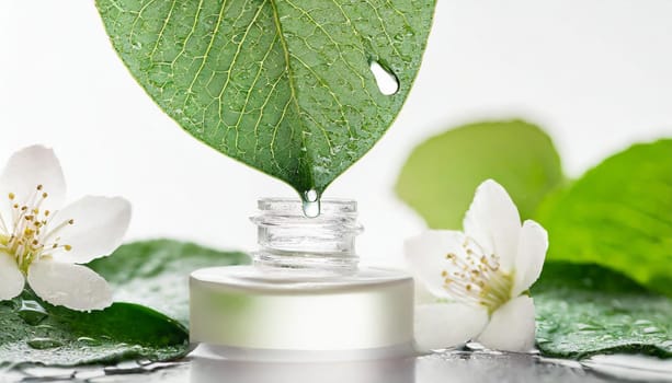 Herbal essence. Alternative healthy medicine. Skin care. Essential oil or water dropping from fresh leaf to the bottle.