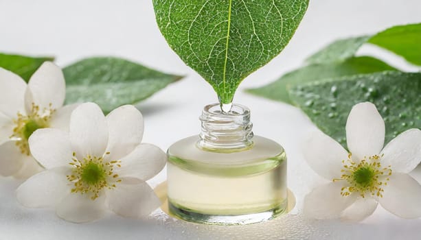 Herbal essence. Alternative healthy medicine. Skin care. Essential oil or water dropping from fresh leaf to the bottle.