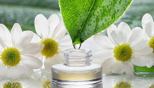 Herbal essence. Alternative healthy medicine. Skin care. Essential oil or water dropping from fresh leaf to the bottle.