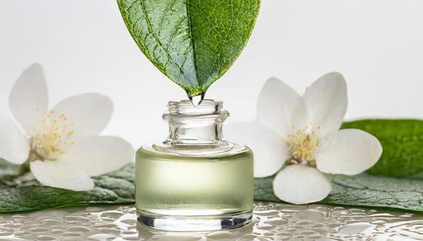 Herbal essence. Alternative healthy medicine. Skin care. Essential oil or water dropping from fresh leaf to the bottle.