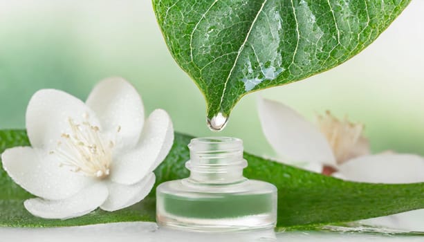 Herbal essence. Alternative healthy medicine. Skin care. Essential oil or water dropping from fresh leaf to the bottle.