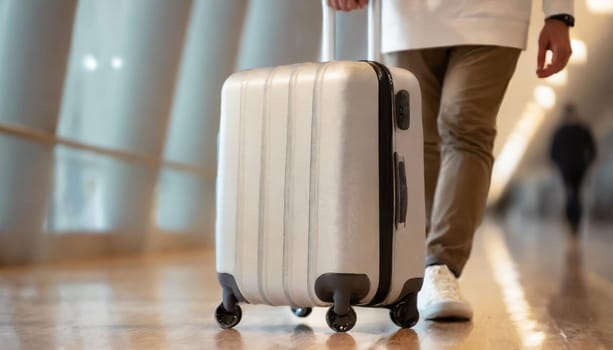 Male is carrying luggage in hall before trip