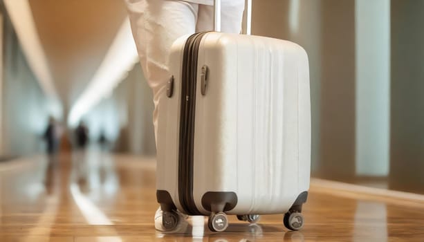 Male is carrying luggage in hall before trip
