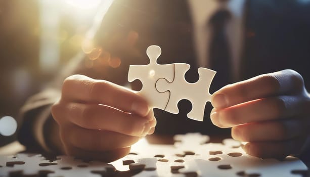 People holds in hand a jigsaw puzzle. Business solutions, success and strategy.