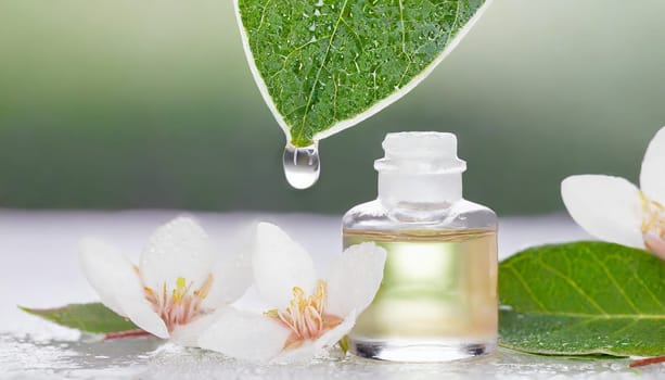 Herbal essence. Alternative healthy medicine. Skin care. Essential oil or water dropping from fresh leaf to the bottle.