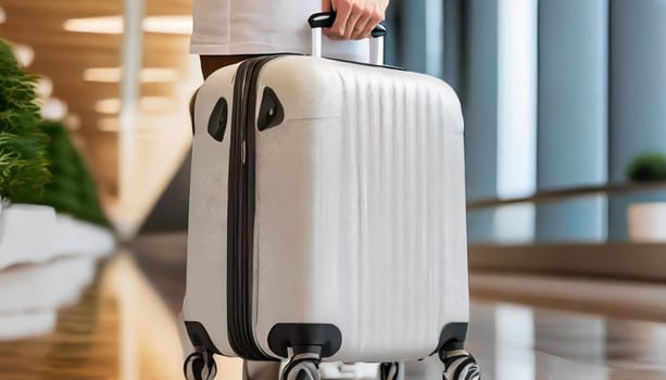 Male is carrying luggage in hall before trip