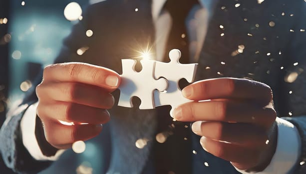 People holds in hand a jigsaw puzzle. Business solutions, success and strategy.