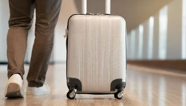 Male is carrying luggage in hall before trip