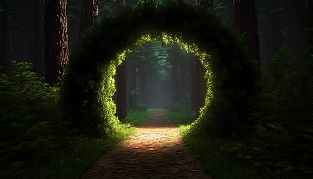 Round stone portal gate in the forest, an abandoned temple. Path made of stones in the forest, gateway in jungle