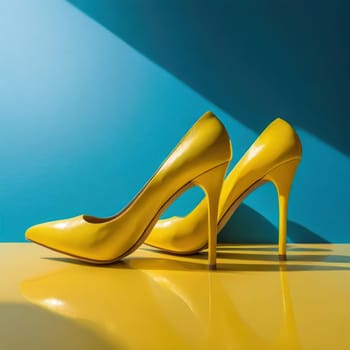 Multiple pairs of kitten, stiletto high heels of different colors. Woman classic dress shoes aligned on a floor.