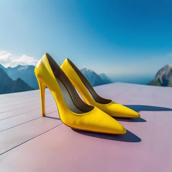 Multiple pairs of kitten, stiletto high heels of different colors. Woman classic dress shoes aligned on a floor.