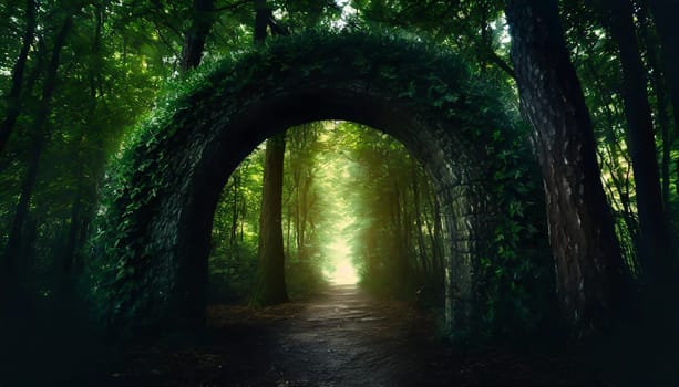 Round stone portal gate in the forest, an abandoned temple. Path made of stones in the forest, gateway in jungle