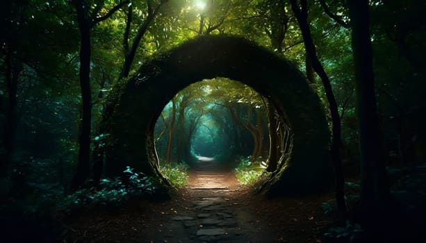 Round stone portal gate in the forest, an abandoned temple. Path made of stones in the forest, gateway in jungle