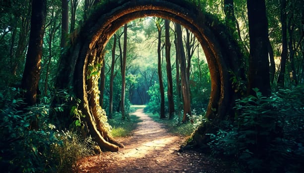 Round stone portal gate in the forest, an abandoned temple. Path made of stones in the forest, gateway in jungle