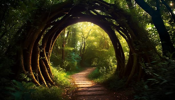 Round stone portal gate in the forest, an abandoned temple. Path made of stones in the forest, gateway in jungle