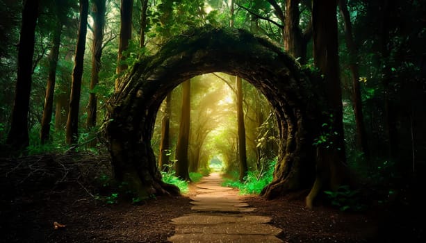 Round stone portal gate in the forest, an abandoned temple. Path made of stones in the forest, gateway in jungle