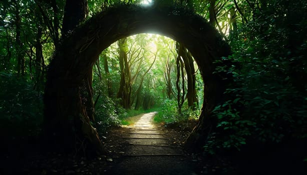 Round stone portal gate in the forest, an abandoned temple. Path made of stones in the forest, gateway in jungle