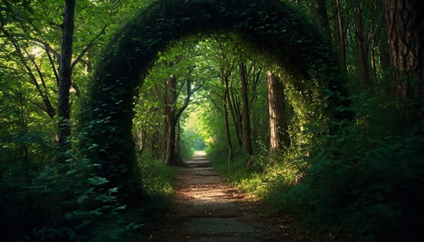 Round stone portal gate in the forest, an abandoned temple. Path made of stones in the forest, gateway in jungle