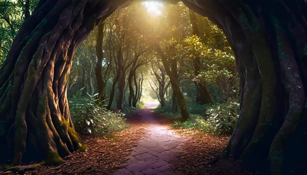 Round stone portal gate in the forest, an abandoned temple. Path made of stones in the forest, gateway in jungle