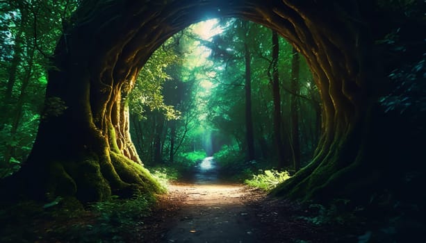 Round stone portal gate in the forest, an abandoned temple. Path made of stones in the forest, gateway in jungle