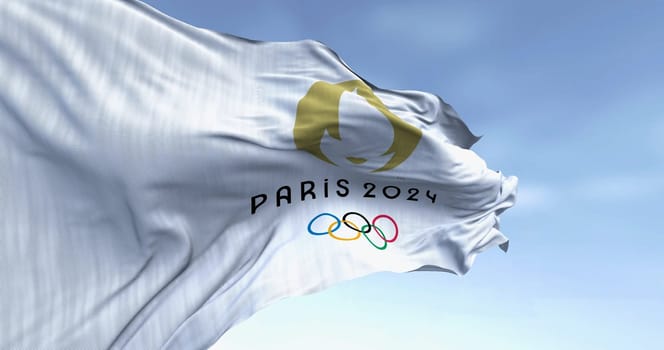 Paris, FR, Oct. 12 2023: Close-up of Paris 2024 flag waving in the wind on a clear day. International sporting event. Illustrative editorial 3d illustration render.