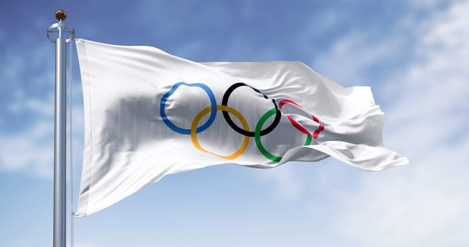 Paris, FR, FEB. 12 2024: Olympics Games flags waving in the wind on a clear day. International sporting event. Illustrative editorial 3d illustration render.