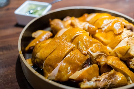 Slice of chicken in the dish at restaurant