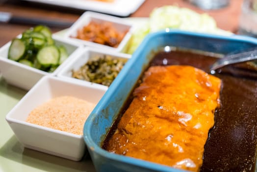 Asian cuisine with braised pork belly