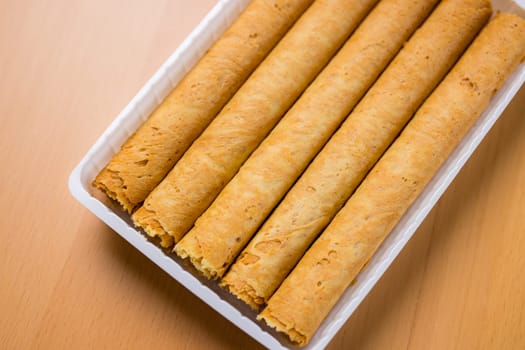 Stack of baked egg roll in the package