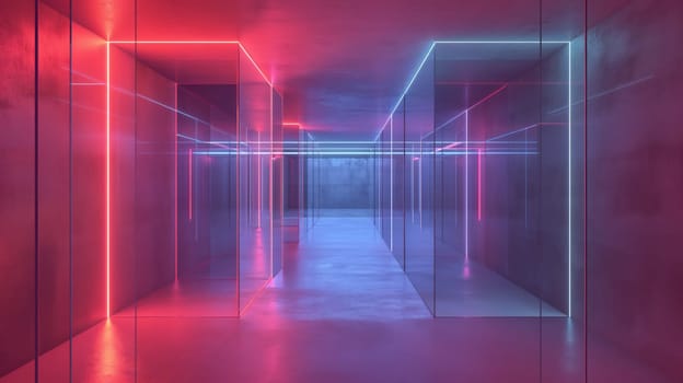 Concrete, glass and neon modern futuristic interior. Generative AI design