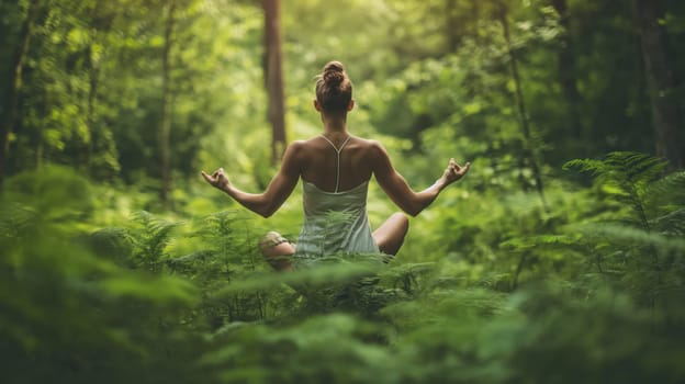 Young girl does yoga in the forest. Generative AI image