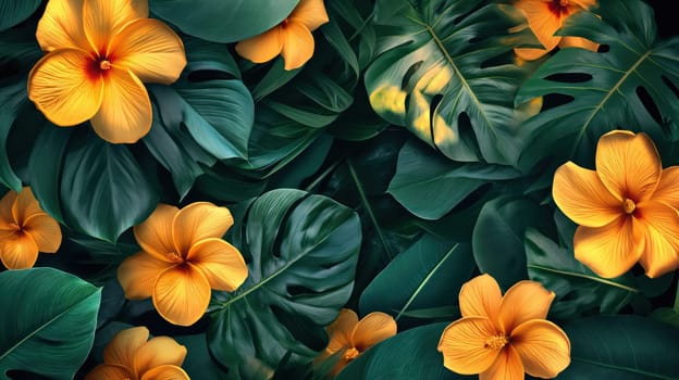 Monstera green leaves and golden flowers. Generative AI image