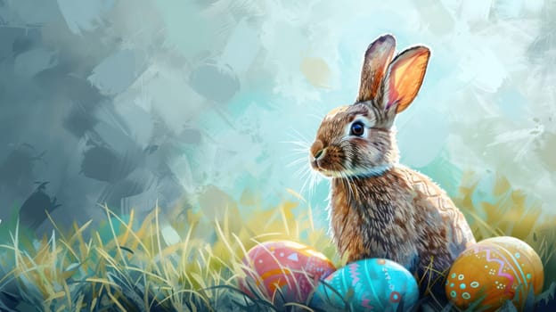 Abstract sketch drawing with Easter rabbit and eggs. Generative AI design
