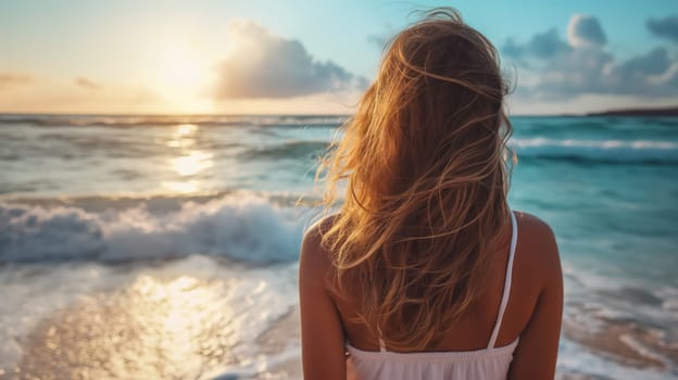 Back view of a girl on the seashore. Generative AI image