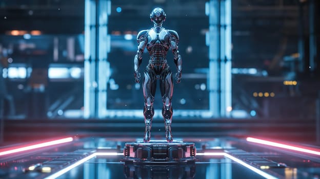 Metal cyborg robot on the podium. Generative AI image