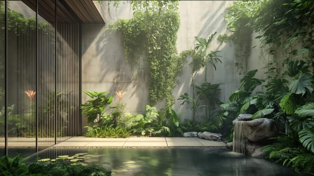 Concrete modern loft interior with tropical plants. Generative AI image