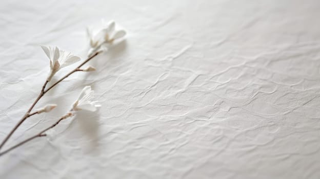Close up of white washi paper with spring flowers. Created using AI generated technology and image editing software.
