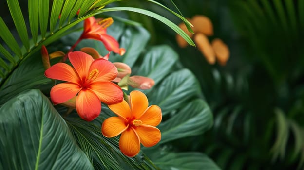 Monstera green leaves and vivid flowers. Generative AI image